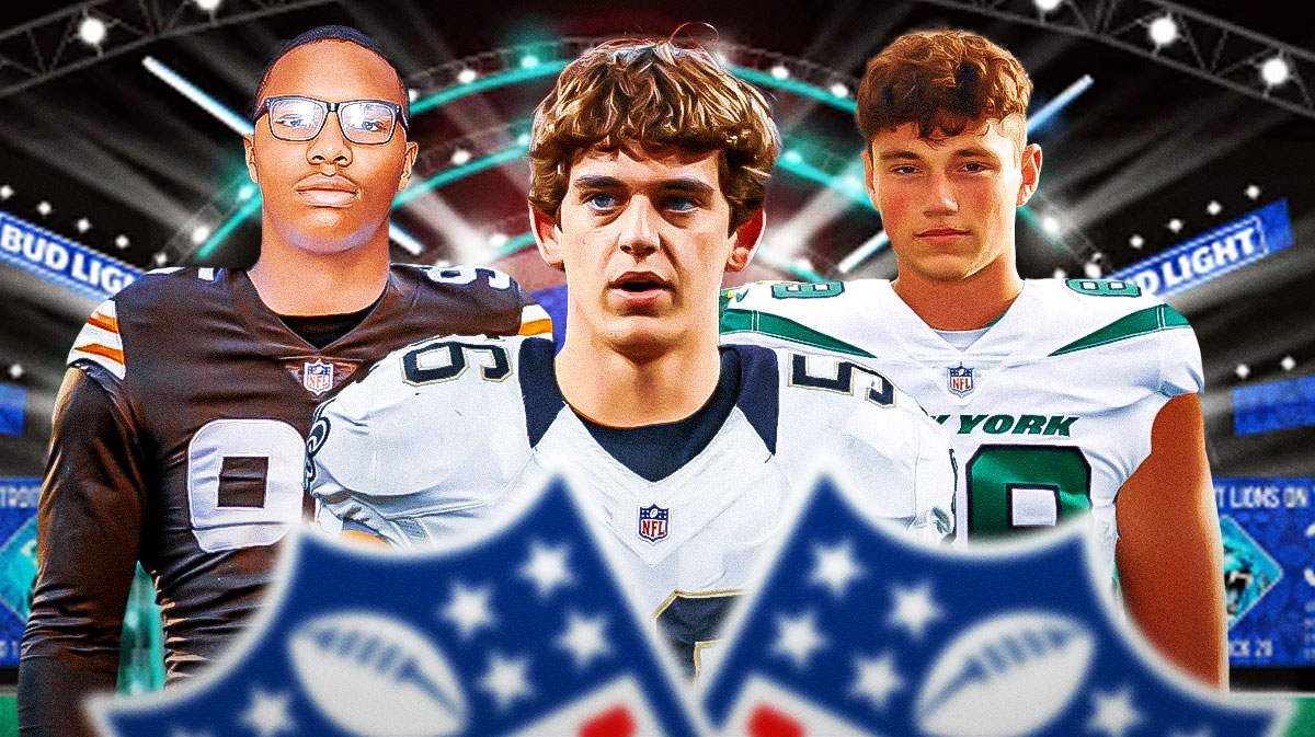 Arch Manning in a Saints jersey, LaNorris Sellers in a Browns jersey, and Drew Allar in a Jets jersey in front of a 2026 NFL Draft background.