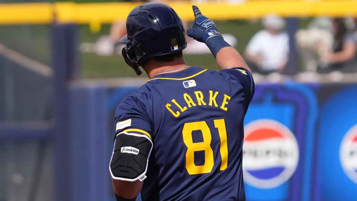 Milwaukee Brewers designated hitter Wes Clarke (81) runs the bases after hitting a home run against the San Diego Padres during the second inning of a Spring Training game.