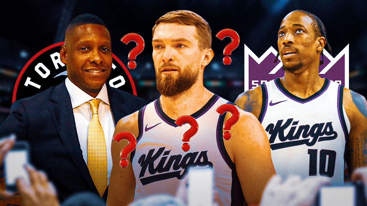 Kings' Domantas Sabonis with question marks next to DeMar DeRozan and Raptors' Masai Ujiri