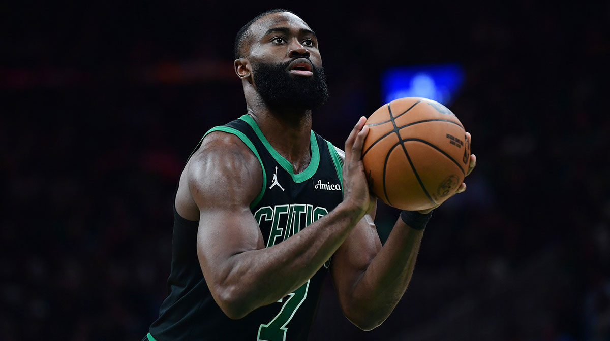 Boston Celtics guard Jaylen Brown (7) shoots a free throw in the second half during game five of the second round for the 2025 NBA Playoffs against the New York Knicks at TD Garden.