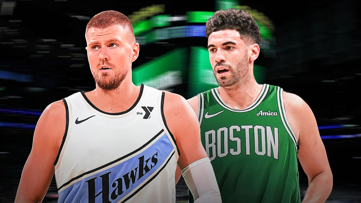 Kristaps Porzingis in a Hawks jersey (looking serious) next to Georges Niang in a Celtics jersey
