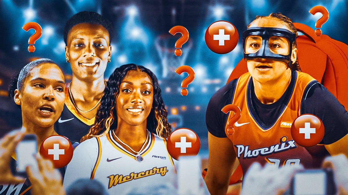 Haley Jones in a Phoenix Mercury jersey, with a backpack on. There's also Alyssa Thomas, Kahleah Copper, and Natasha Mack all smiling with Mercury jerseys on, and question marks and first-aid signs around them.