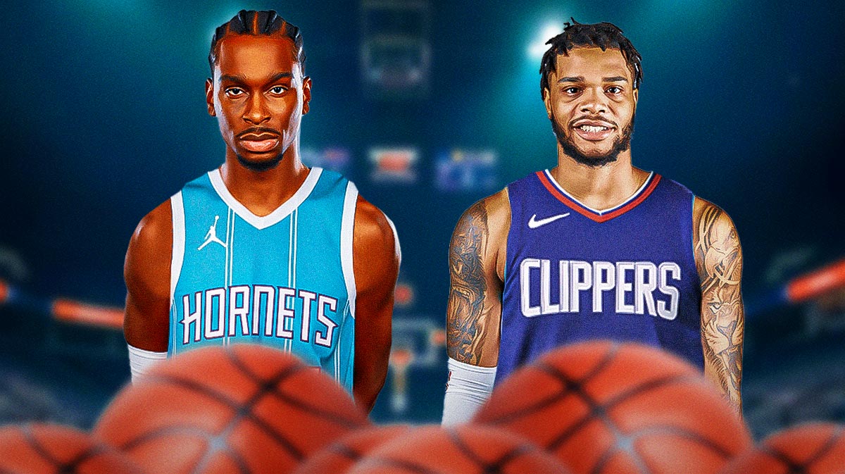 Shai Gilgeous-Alexander in Hornets jersey shrugging on the left. Have Miles Bridges in Clippers jersey on the right