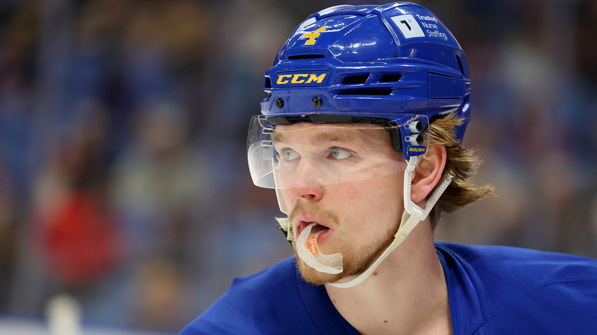 Buffalo Sabres defenseman Bowen Byram (4) on the ice before a game against the Ottawa Senators at KeyBank Center.