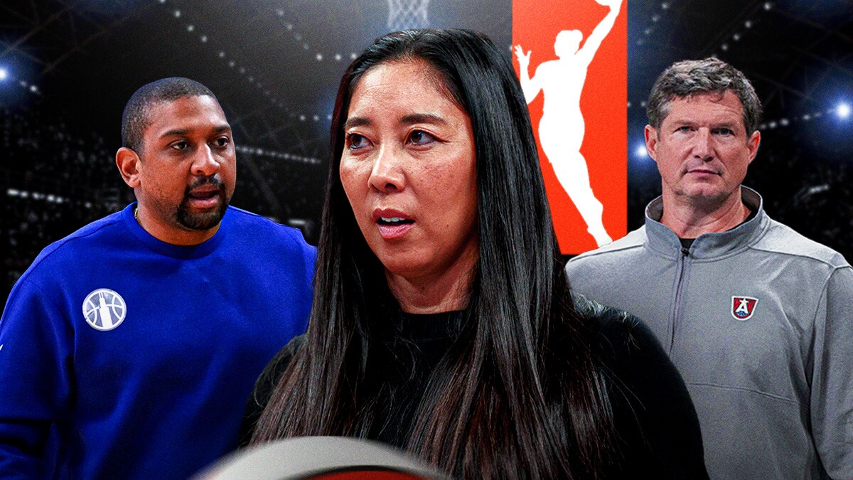 Valkyries coach Natalie Nakase, Sky coach Tyler Marsh, Dream coach Karl Smesko all next to each other with WNBA logo in background