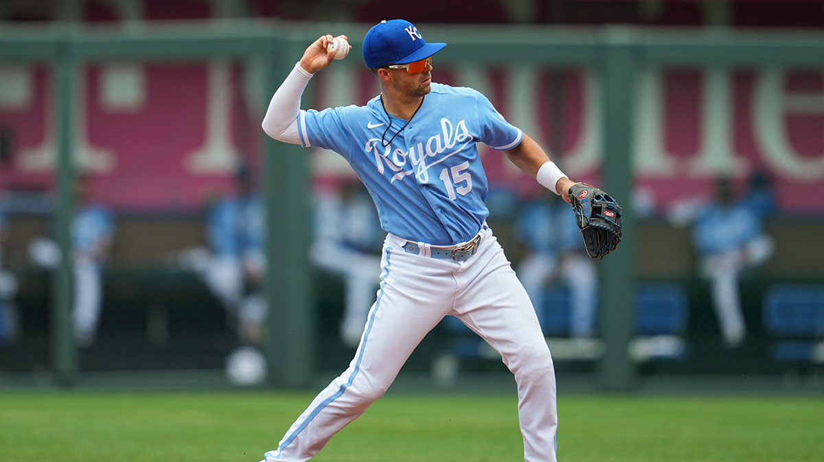 Kansas City Royals second baseman Whit Merrifield (15) throws to first base during the third inning against the Los Angeles Angels at Kauffman Stadium.