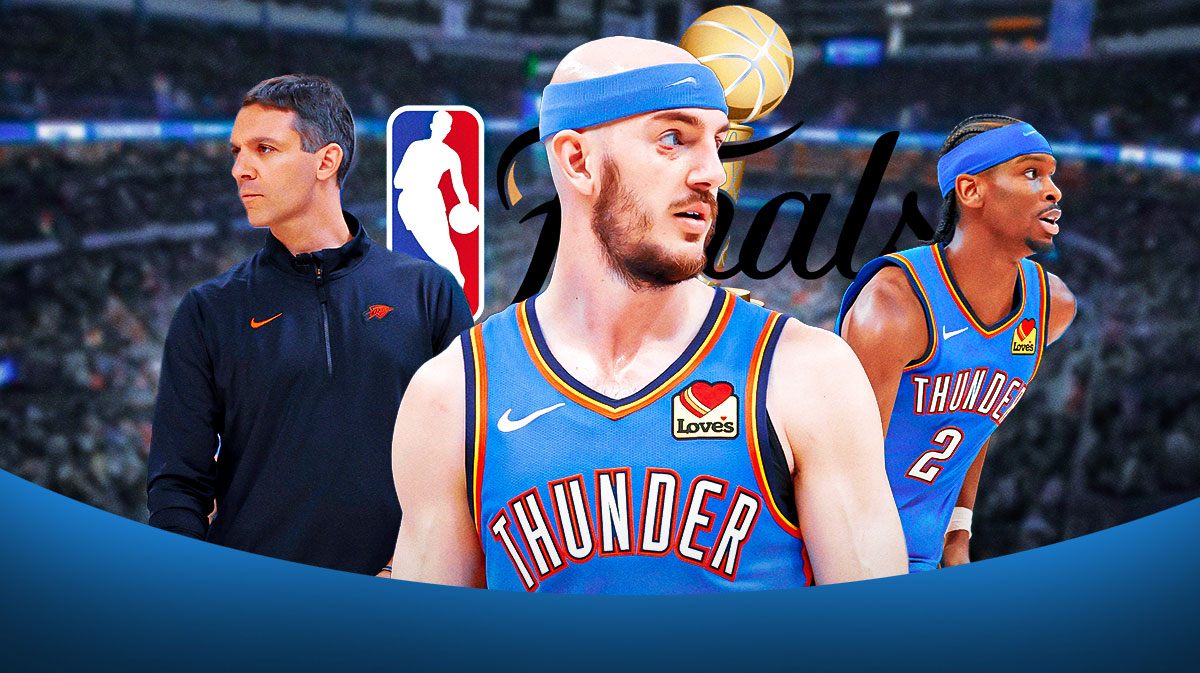 Thunder's Alex Caruso with Mark Daigneault and Shai Gilgeous-Alexander