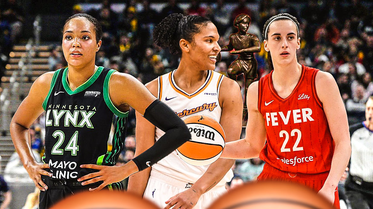 Alyssa Thomas in a Mercury jersey looking hyped, with Napheesa Collier and Caitlin Clark next to her. There's also a picture of the WNBA MVP trophy in the background.
