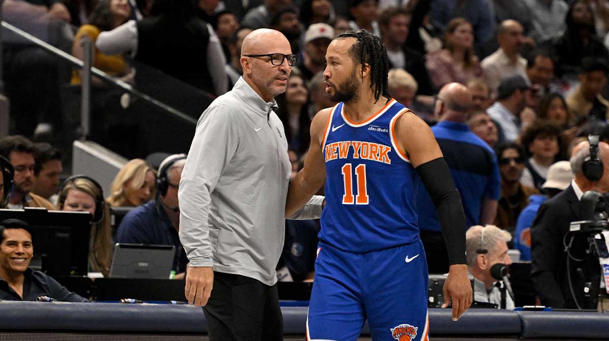 Nov 27, 2024; Dallas, Texas, USA; Dallas Mavericks head coach Jason Kidd and New York Knicks guard Jalen Brunson (11) during the game between the Dallas Mavericks and the New York Knicks at the American Airlines Center. Mandatory Credit: Jerome Miron-Imagn Images