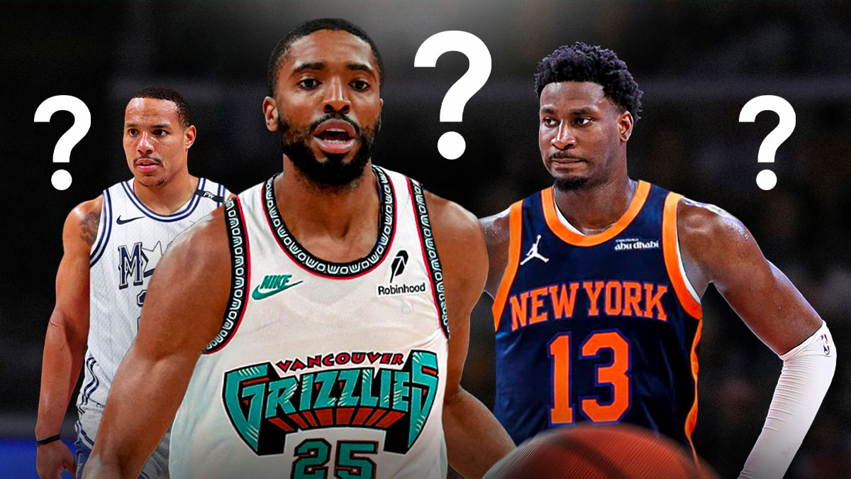 Mikal Bridges edited into a Memphis Grizzlies jersey #25 with Jaren Jackson Jr. edited into a New York Knicks jersey #13 with question marks around them and Desmond Bane Orlando Magic off to the side