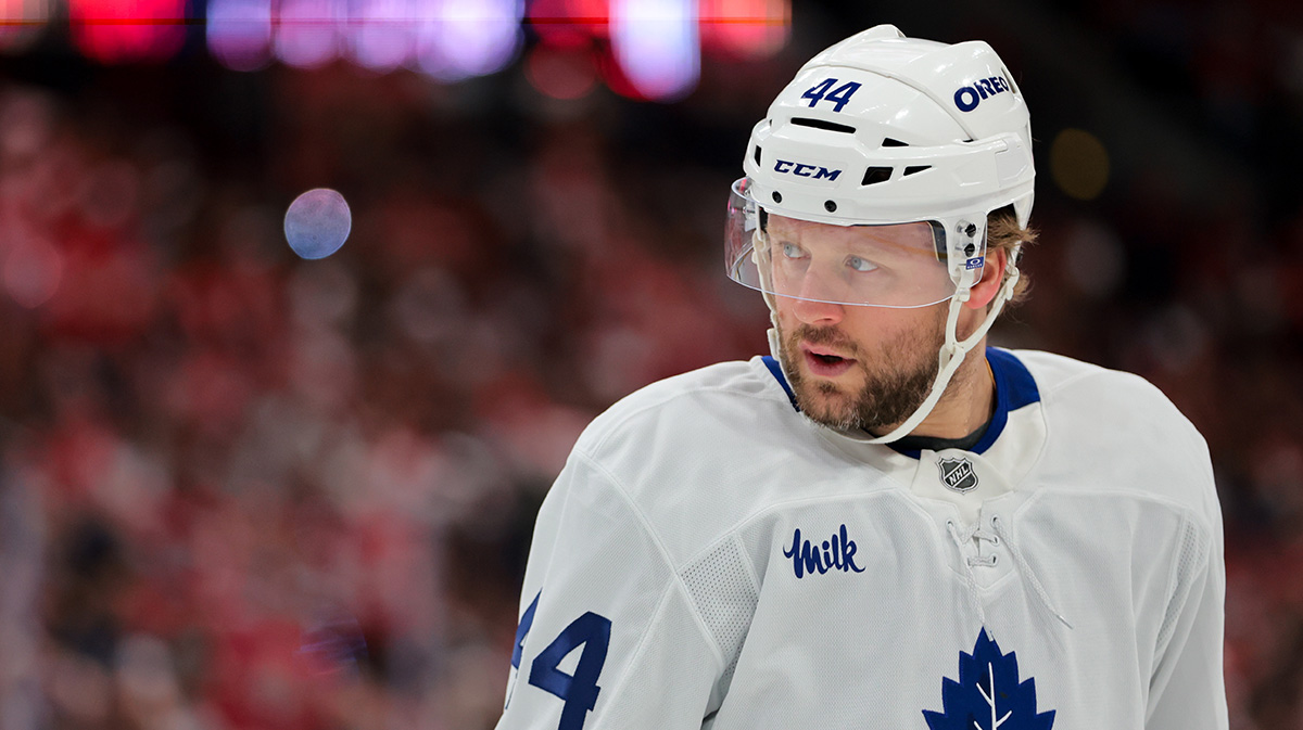 oronto Maple Leafs defenseman Morgan Rielly (44) looks on against the Florida Panthers during the first period in game six of the second round of the 2025 Stanley Cup Playoffs at Amerant Bank Arena