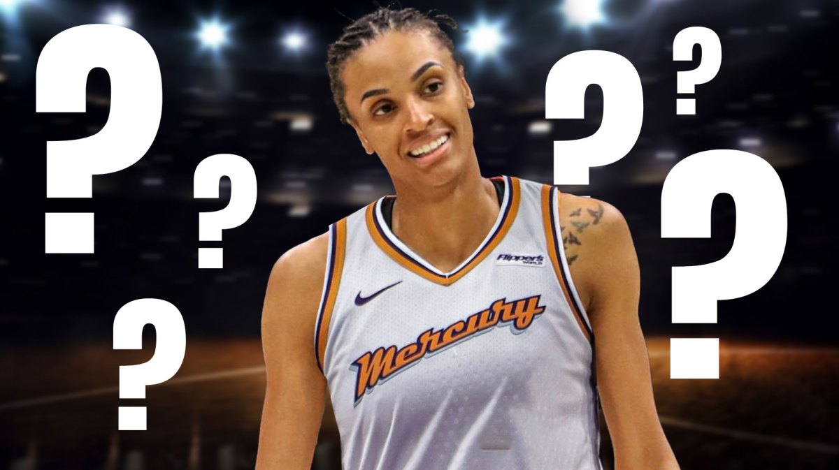 DeWanna Bonner smiling in a Phoenix Mercury jersey, with question marks around her. There's also a background of the PHX arena and the Mercury logo