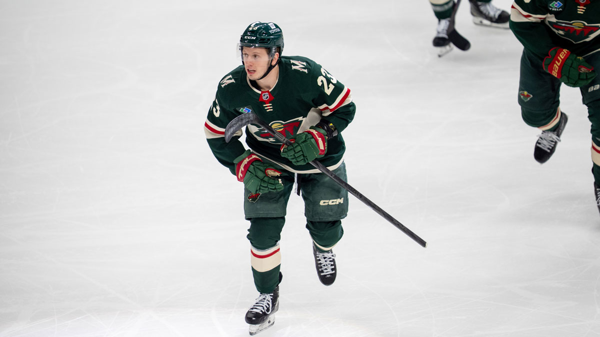 Minnesota Wild center Marco Rossi (23) leads the team to the bench after scoring against the Vegas Golden Knights in the first period in game three of the first round of the 2025 Stanley Cup Playoffs at Xcel Energy Center.