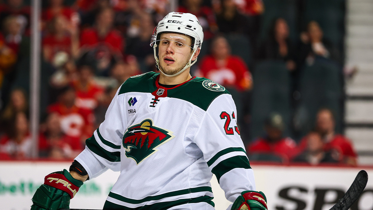 Minnesota Wild center Marco Rossi (23) against the Calgary Flames during the third period at Scotiabank Saddledome