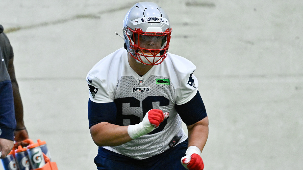 New England Patriots offensive tackle Will Campbell (66) practices during rookie camp at Gillette Stadium.