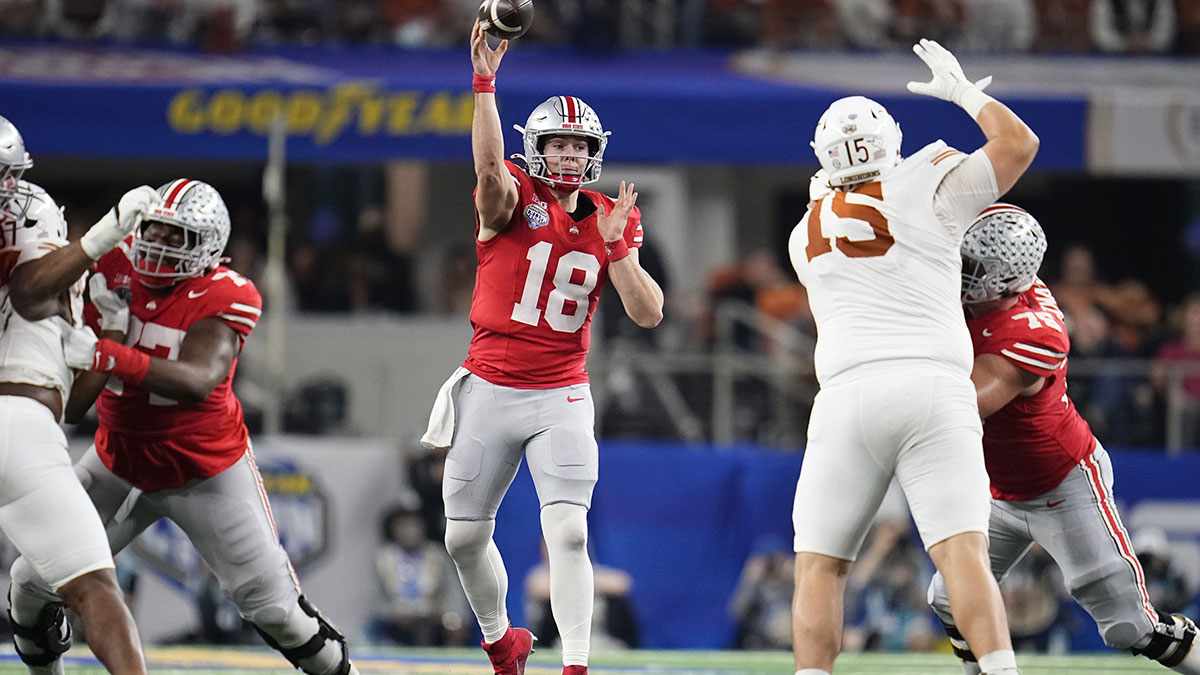 Ohio State Buckeyes quarterback Will Howard (18) throws during the second half of the Cotton Bowl Classic College Football Playoff semifinal game against the Texas Longhorns at AT&T Stadium in Arlington, Texas on Jan. 10, 2025. Ohio State won 28-14.