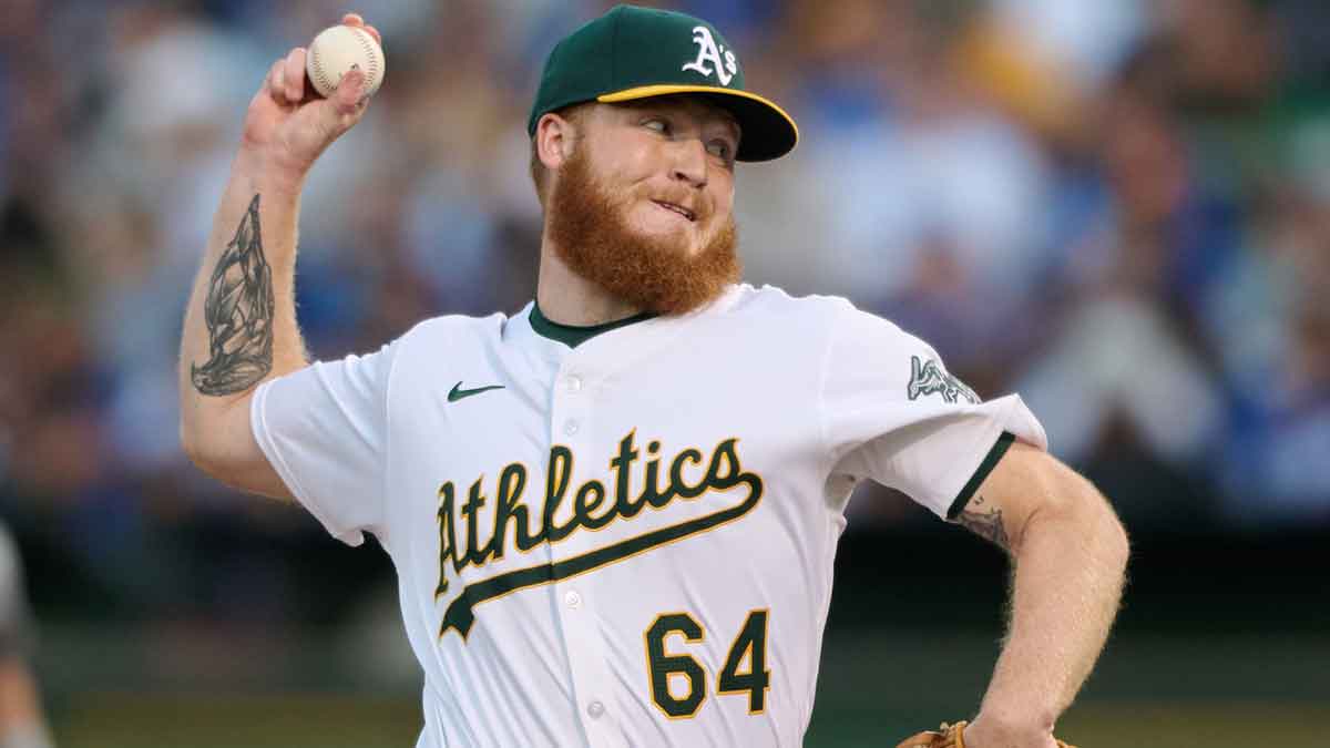 Oakland Athletics pitcher Will Klein (64) throws against the Los Angeles Dodgers during the sixth inning at Oakland-Alameda County Coliseum.