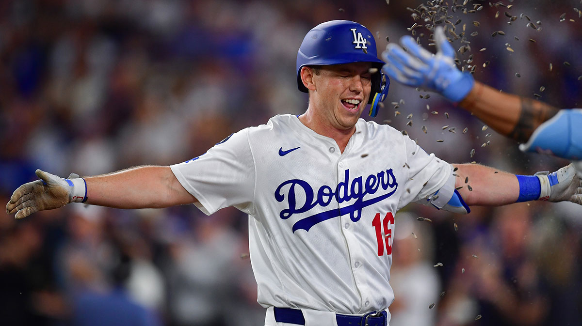 Los Angeles Dodgers catcher Will Smith (16) celebrates after hitting a two run home run against the San Diego Padres during the sixth inning at Dodger Stadium.