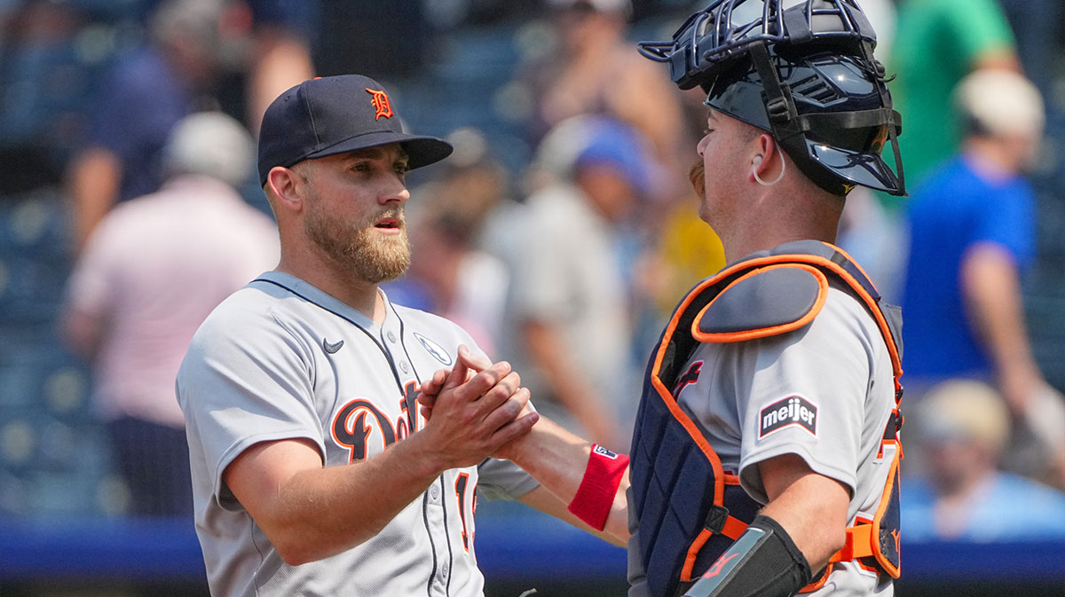 Detroit Tigers relief pitcher Will Vest (19) celebrates with catcher Jake Rogers (34) after the win over the Kansas City Royals at Kauffman Stadium.
