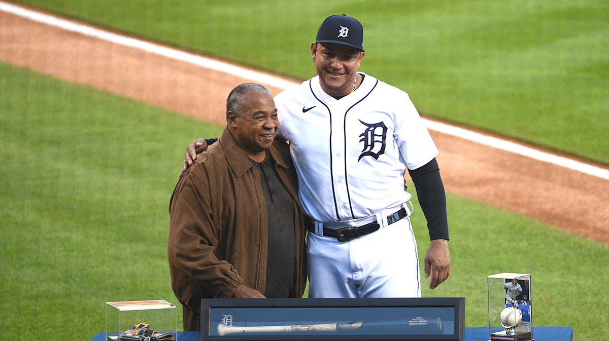 Detroit Tigers designated hitter Miguel Cabrera (24) hugs former player Willie Horton during a pre-game ceremony before the game against the Kansas City Royals.