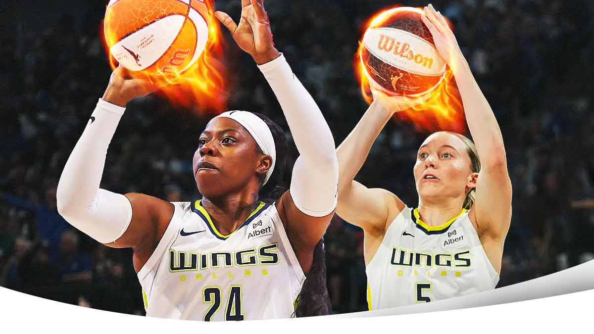 Wings Arike Ogunbowale and Wings Paige Bueckers shooting basketballs. Place fire coming off of both the basketballs.