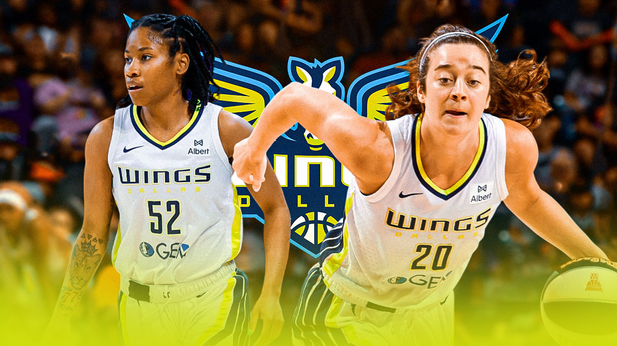Wings Maddy Siegrist and Tyasha Harris with the Dallas Wings logo in background.