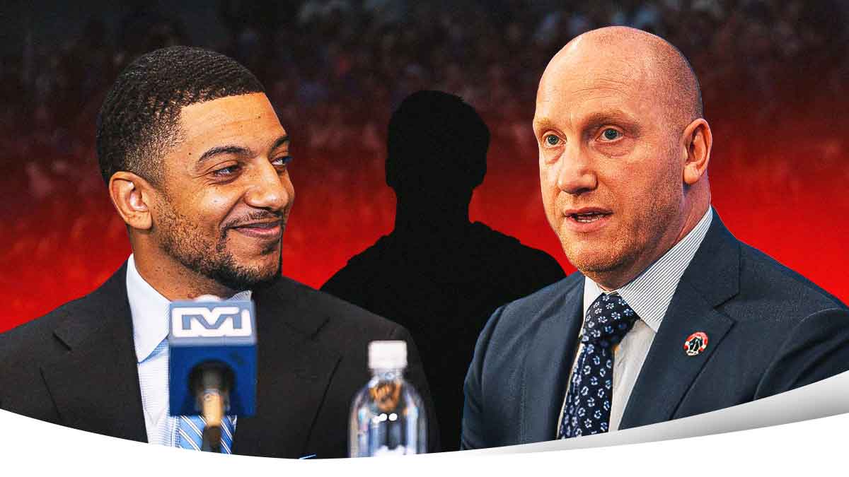 Will Dawkins and Michael Winger smile next to basketball player silhouette
