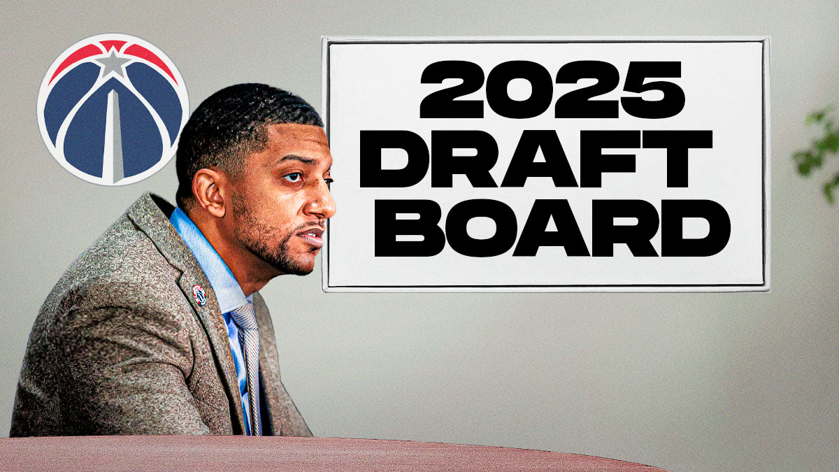Will Dawkins looks a white bord that says "2025 Draft Board"