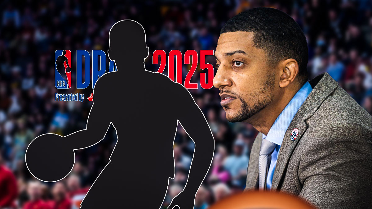 Will Dawkins looks at basketball player silhouette and 2025 NBA Draft logo