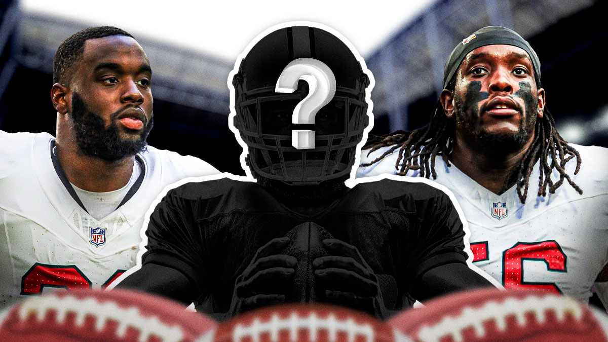 Arizona Cardinals RB Trey Benson with DE Darius Robinson and a silhouette of an American football player with a big question mark emoji inside. There is also a logo for the Arizona Cardinals.