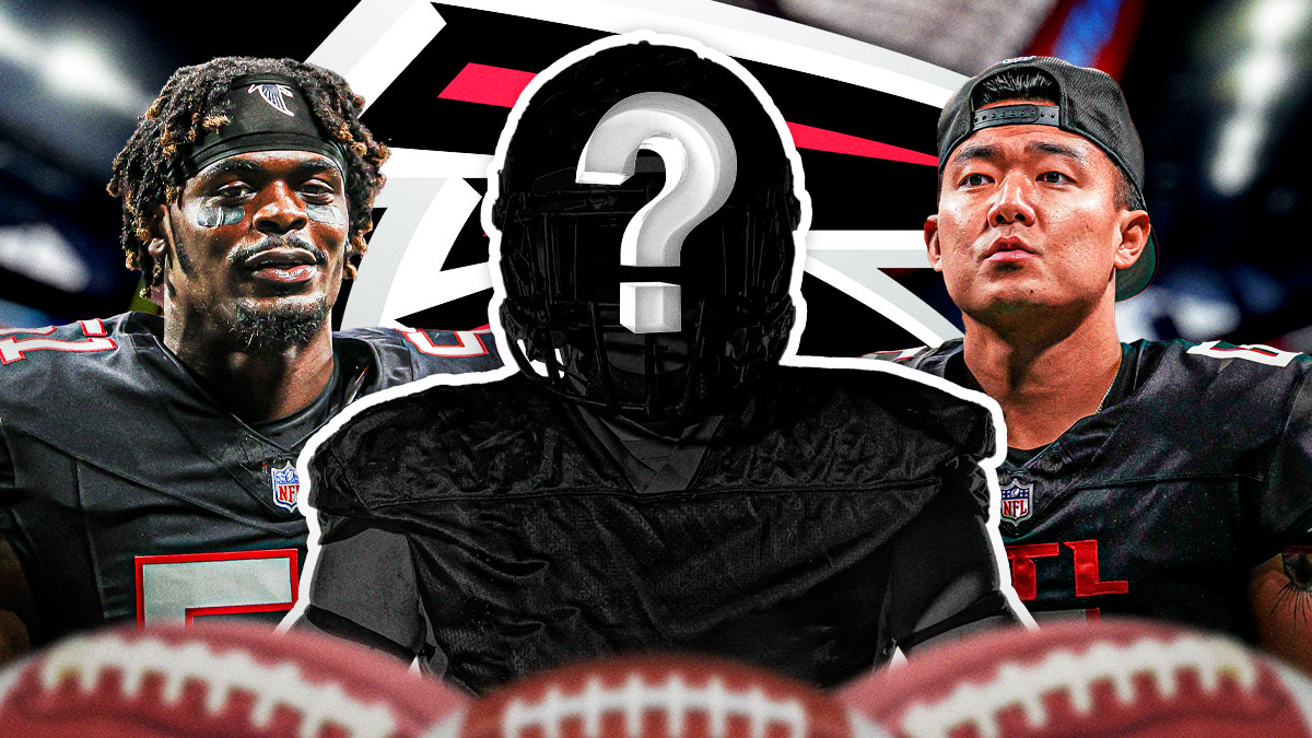 mystery player in the middle, DeAngelon Malone and Younghoe Koo on the outside. Falcons logo in the background, Falcons mini camp, Falcons cut, NFL cut
