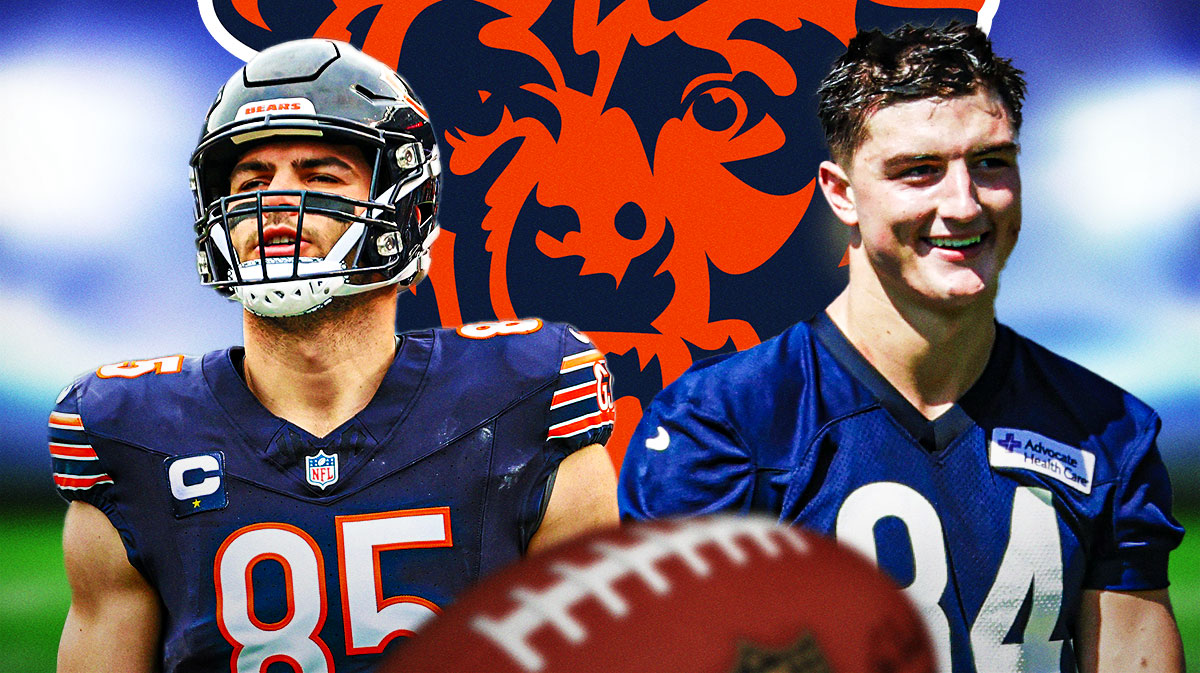 Chicago Bears tight end Cole Kmet next to Colston Loveland. There is also a logo for the Chicago Bears.