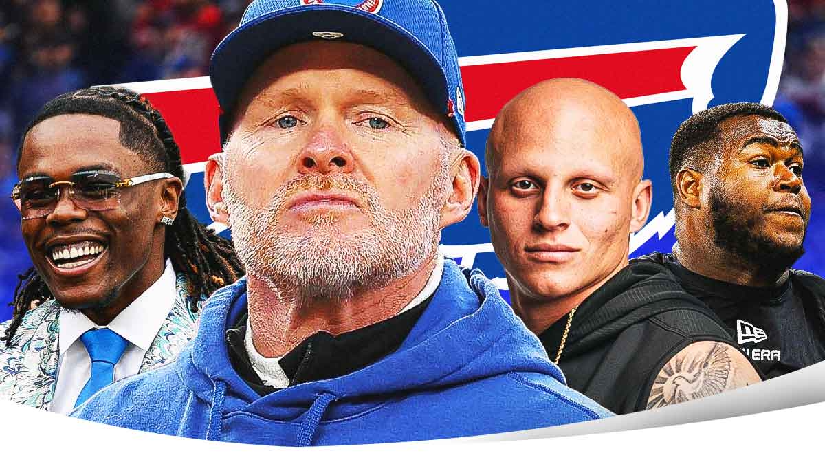 Coach Sean McDermott in the middle, Maxwell Hairston, Landon Jackson, Deone Walker all beside each other, Buffalo Bills logo in the background