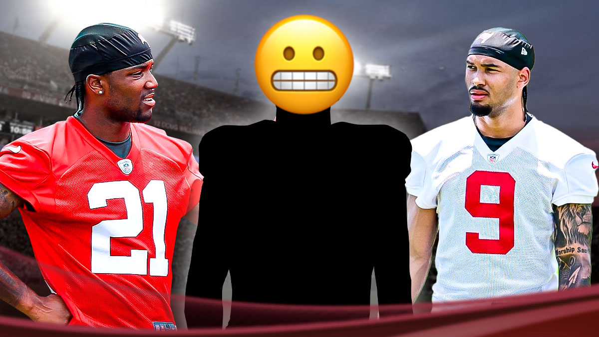 IMAGE: Blank player silhouette with nervous emoji face on head in center, Tampa Bay Buccaneers cornerback Benjamin Morrison on left side, Tampa Bay Buccaneers wide receiver Emeka Egbuka on right side, Raymond James Stadium (home field of the Tampa Bay Buccaneers) in background