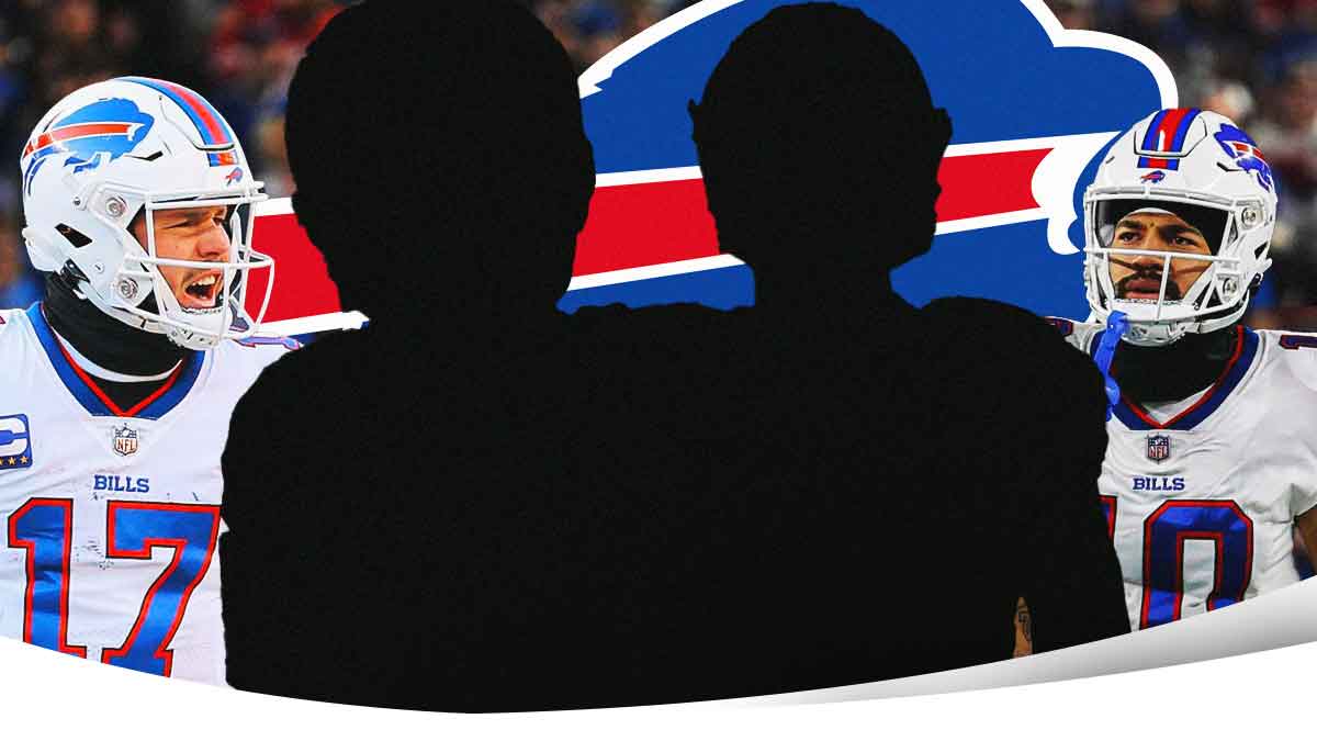 Two mystery players in the middle, Josh Allen, Khalil Shakir around them, Buffalo Bills logo in the background