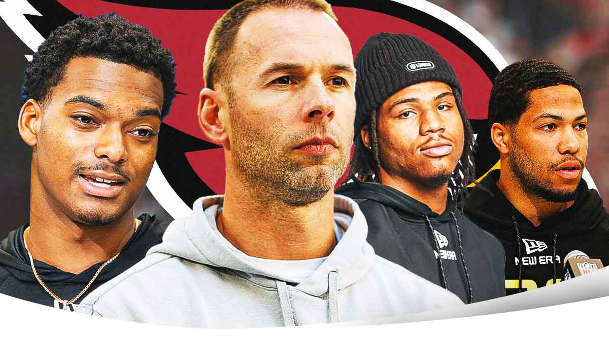 Coach Jonathan Gannon in the middle, Will Johnson, Walter Nolen III, Cody Simon all beside each other, Arizona Cardinals logo in the background
