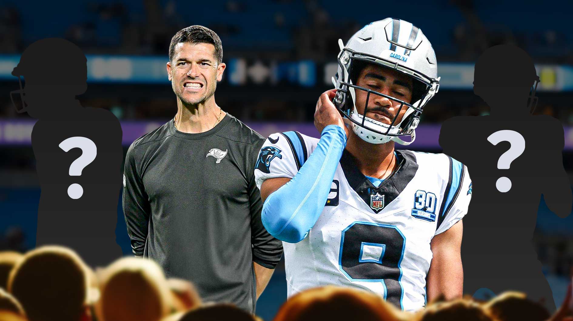 Two mystery players in the middle, Bryce Young, coach Dave Canales around them, Carolina Panthers logo in the background