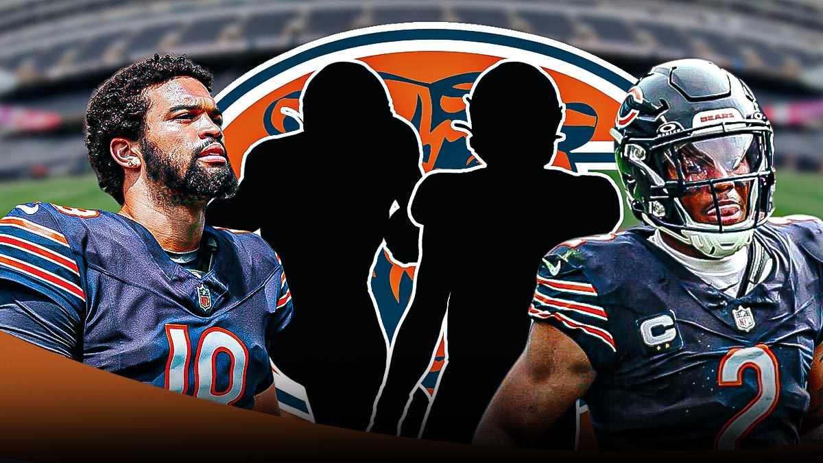 Two mystery players in the middle, Caleb Williams, DJ Moore around them, Chicago Bears logo in the background