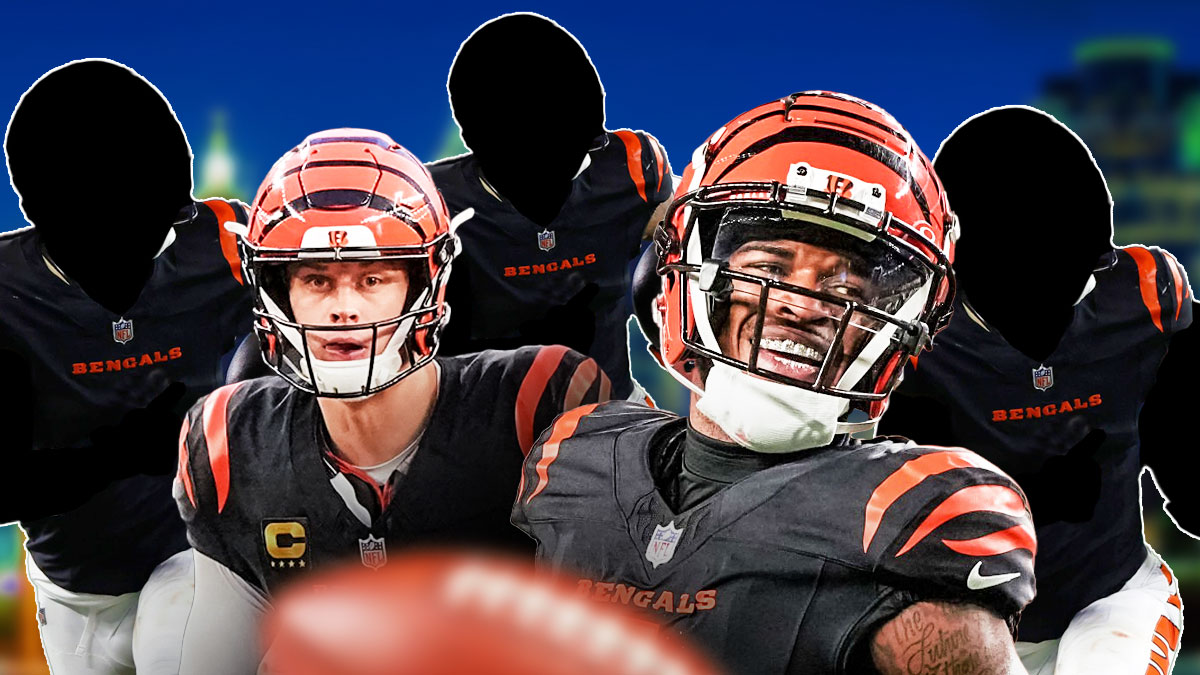 Three mystery players in the middle, Joe Burrow and Ja'Marr Chase around them, Cincinnati skyline in the background
