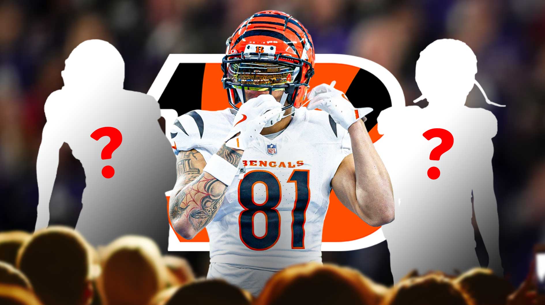 Cincinnati Bengals WR Jermaine Burton next to two silhouettes of American football players with big question mark emojis inside. There is also a logo for the Cincinnati Bengals.