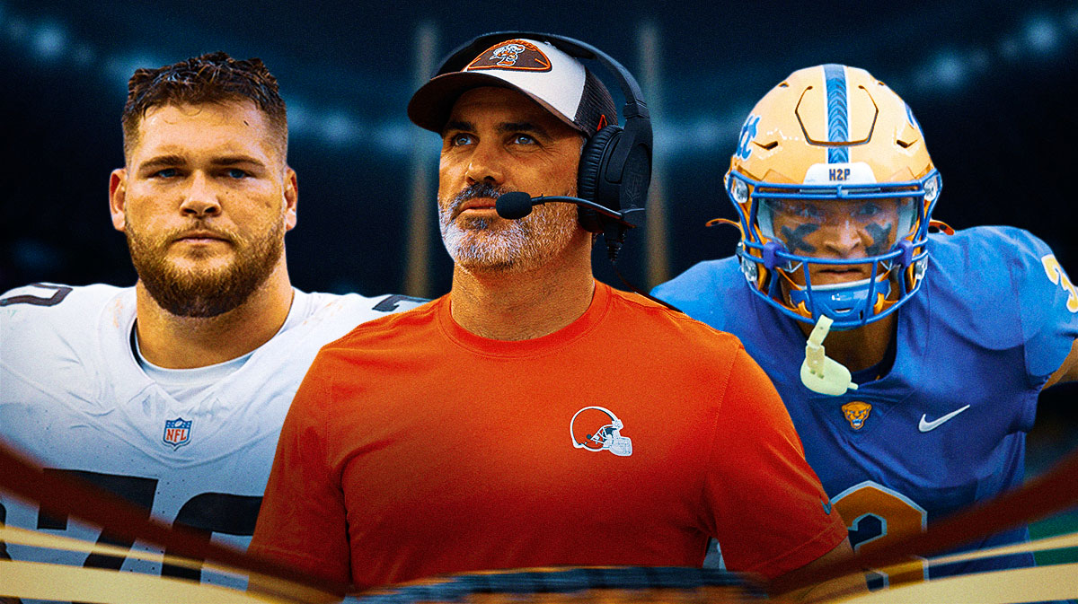 Browns coach Kevin Stefanski (center), Browns lineman Zak Zinter (left) and Pittsburgh safety Donovan McMillon (right)