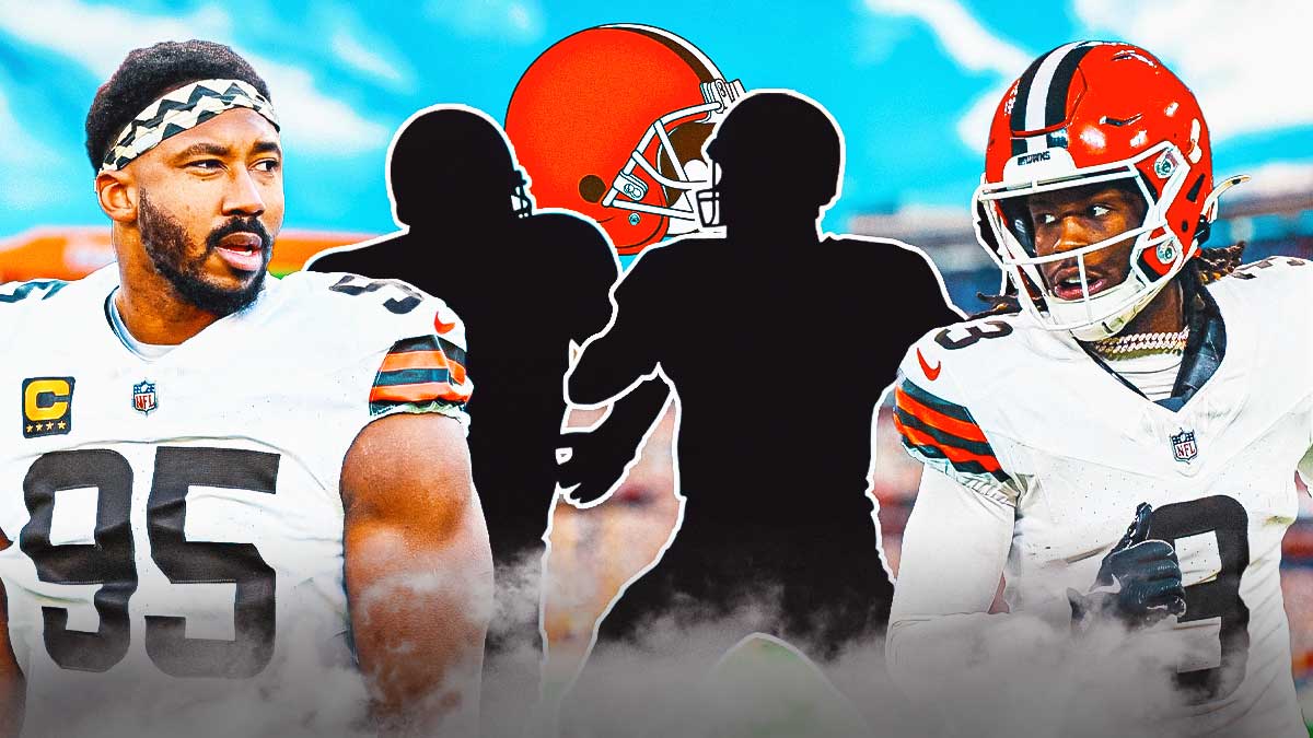 Two mystery players in the middle, Myles Garrett, Jerry Jeudy around them, Cleveland Browns logo in the background
