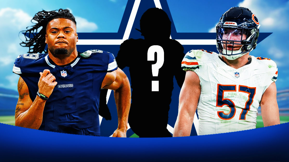 Dallas Cowboys RB Jaydon Blue next to LB Jack Sanborn and a silhouette of an American football player with a big question mark emoji inside. There is also a logo for the Dallas Cowboys.