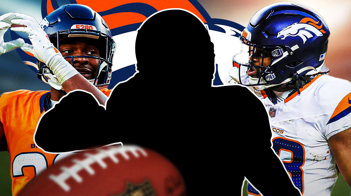 Ja'Quan McMillian and Jaleel McLaughlin on the outsides. Mystery player in the middle. Broncos logo background, broncos cut, broncos mini camp
