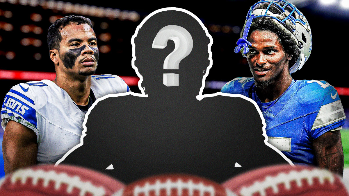 Detroit Lions WR Kalif Raymond with CB Ennis Rakestraw Jr. and a silhouette of an American football player with a big question mark emoji inside. There is also a logo for the Detroit Lions.