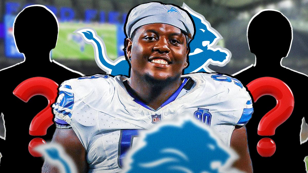 Detroit Lions defensive tackle Brodric Martin next to two silhouettes of American football players with big question mark emojis inside. There is also a logo for the Detroit Lions.