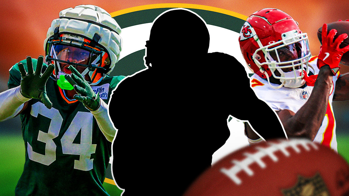 Mecole Hardman and Kalen King on the outsides, mystery player in the middle. Packers logo in background, packers cut, nfl cut, packers minicamp