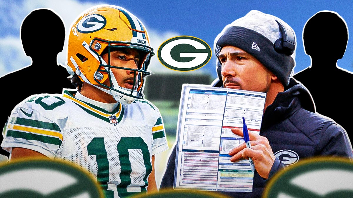 Two mystery players in the middle, Jordan Love, coach Matt LaFleur around them, Green Bay Packers logo in the background
