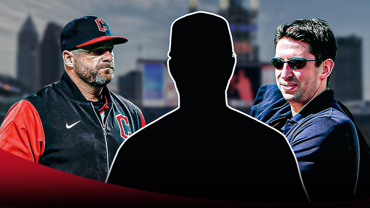 IMAGE: Blank player silhouette in center, Cleveland Guardians manager Stephen Vogt on left side, Cleveland Guardians general manager Mike Chernoff on right side, Progressive Field (home stadium of the Cleveland Guardians) in background