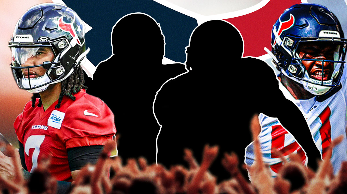 Two mystery players in the middle, CJ Stroud, Will Anderson Jr around them, Houston Texans logo in the background